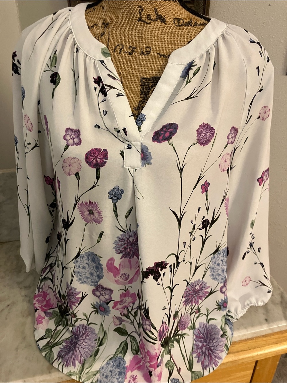 Ivanka Trump White Floral Split-Neck Blouse with Pink, Purple, Blue Flowers
